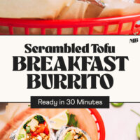Scrambled tofu breakfast burritos in serving baskets