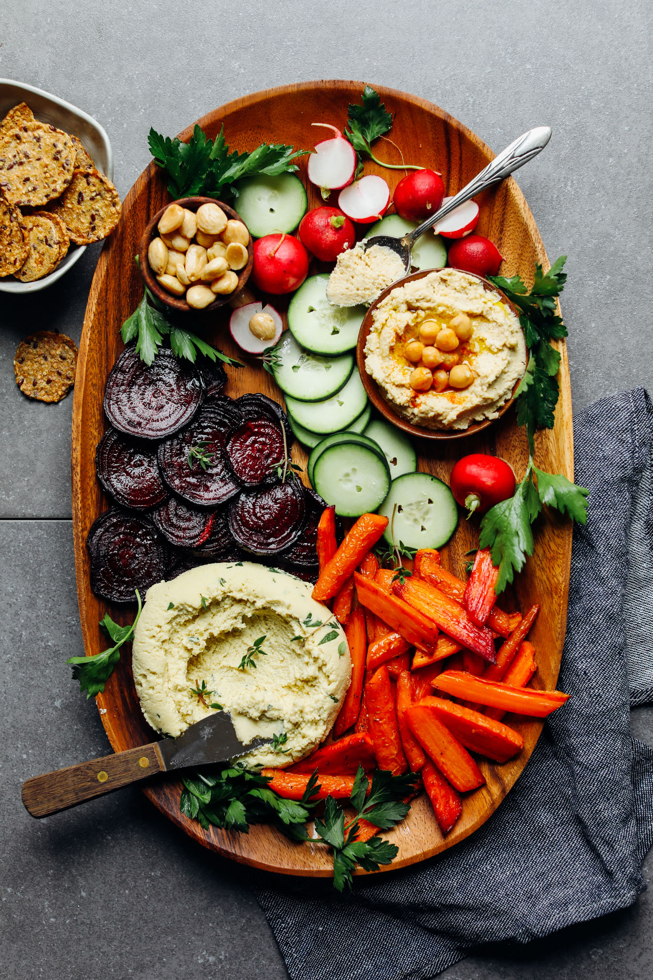 Quick and easy Vegan Crudite with Macadamia Nut Herb Cheese and goodies for dipping