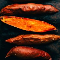 A pan of perfectly roasted sweet potatoes