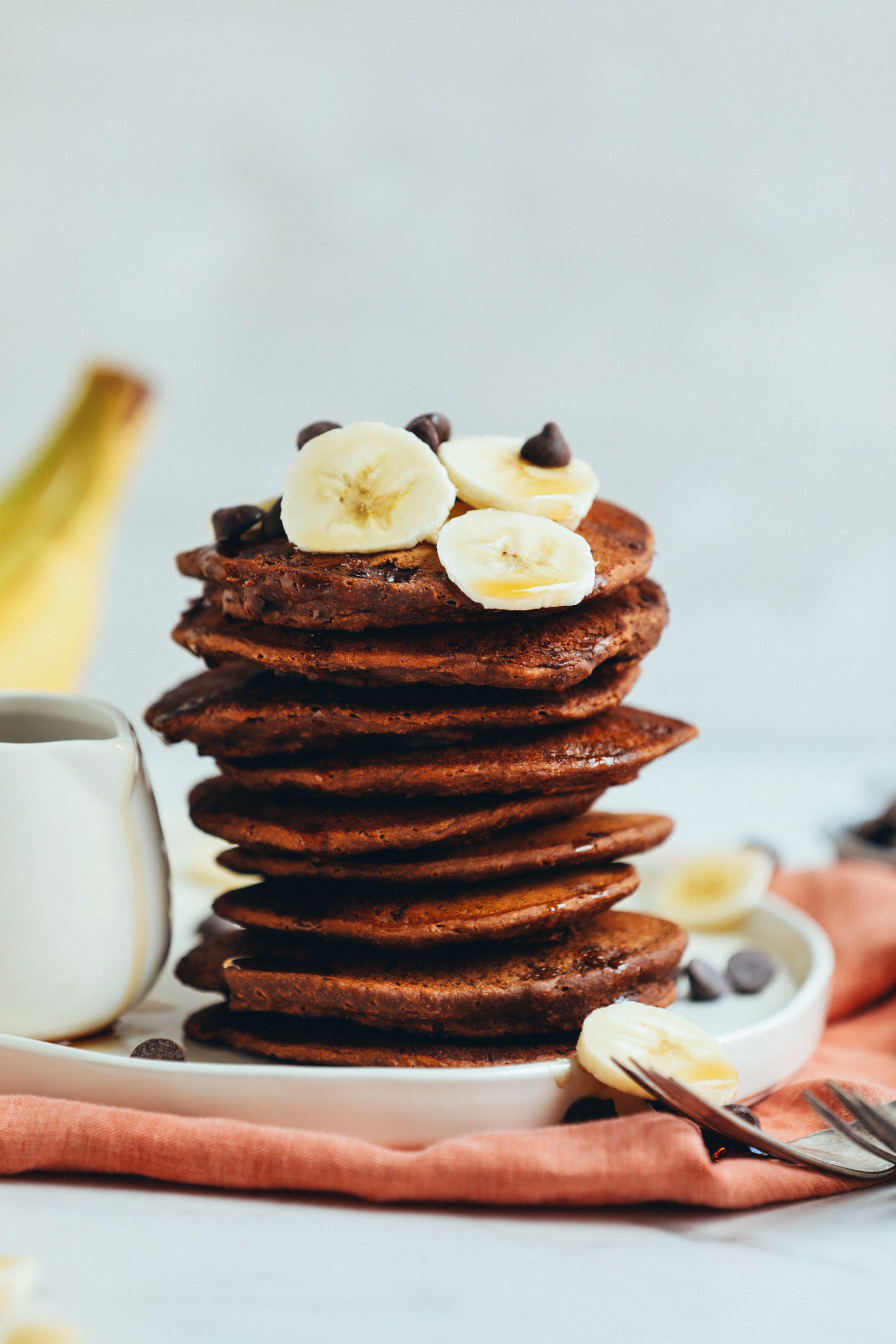 Stack of Vegan Chocolate Chocolate Chip Pancakes