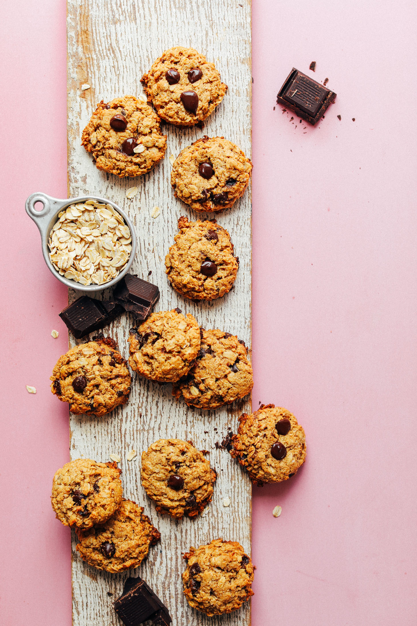 Display of healthy gluten-free vegan Oatmeal Chocolate Chip Cookies