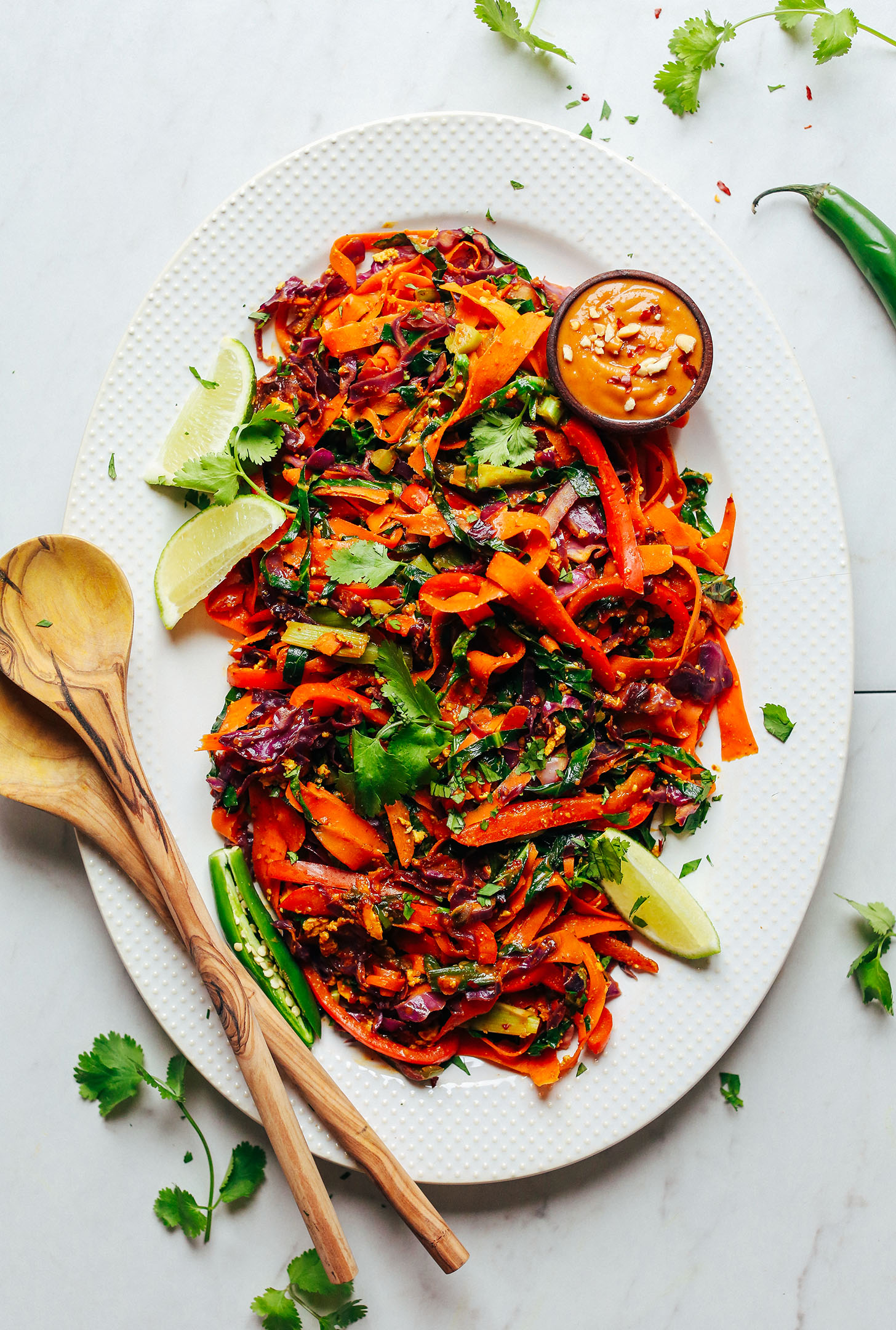 Large ceramic serving platter with veggie-loaded Noodle-Free Pad Thai