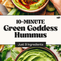 Two bowls of our 10-minute Green Goddess Hummus with text that says just 9 ingredients