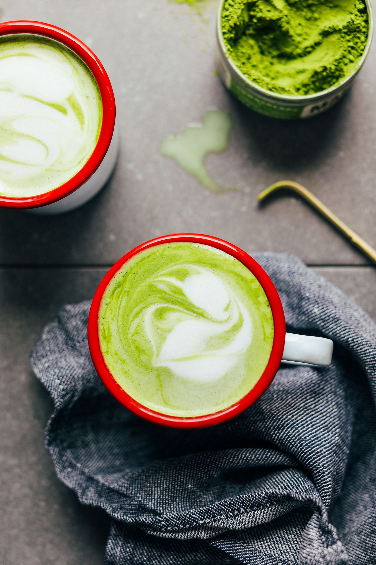 Close up shot showing the foamy latte art on my homemade matcha latte