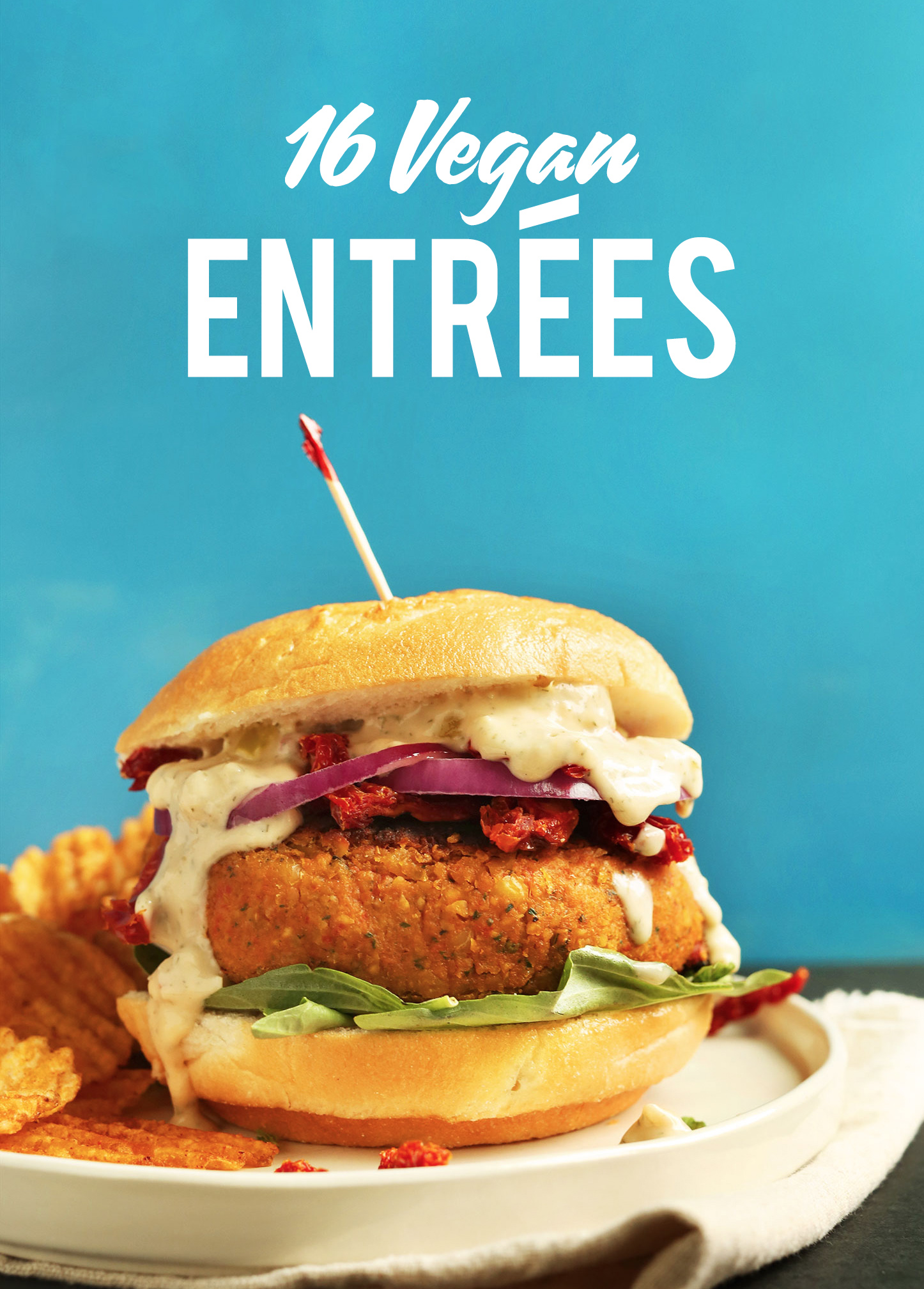 Plate of chips and a Sun-dried Tomato Chickpea Burger for a vegan entree idea