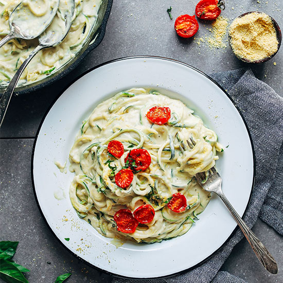 Big plate of Vegan Cashew Alfredo made with zucchini noodles