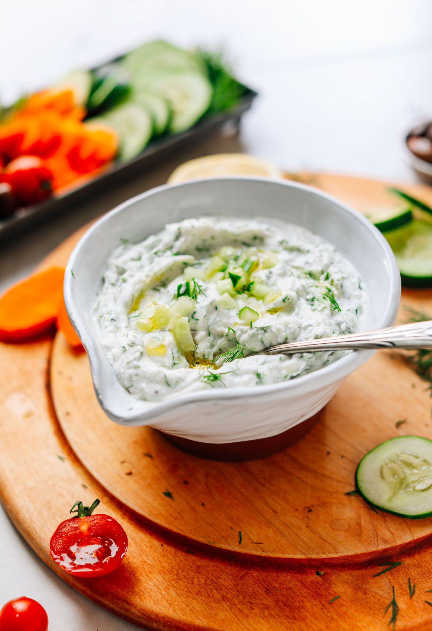 Close up shot of a bowl of delicious Vegan Tzatziki