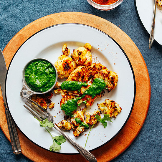 DELICIOUS Shawarma Roasted Cauliflower STEAK! 30 minutes, BIG flavor, served with Chutney! #vegan #glutenfree #cauliflower #recipe #plantbased #minimalistbaker