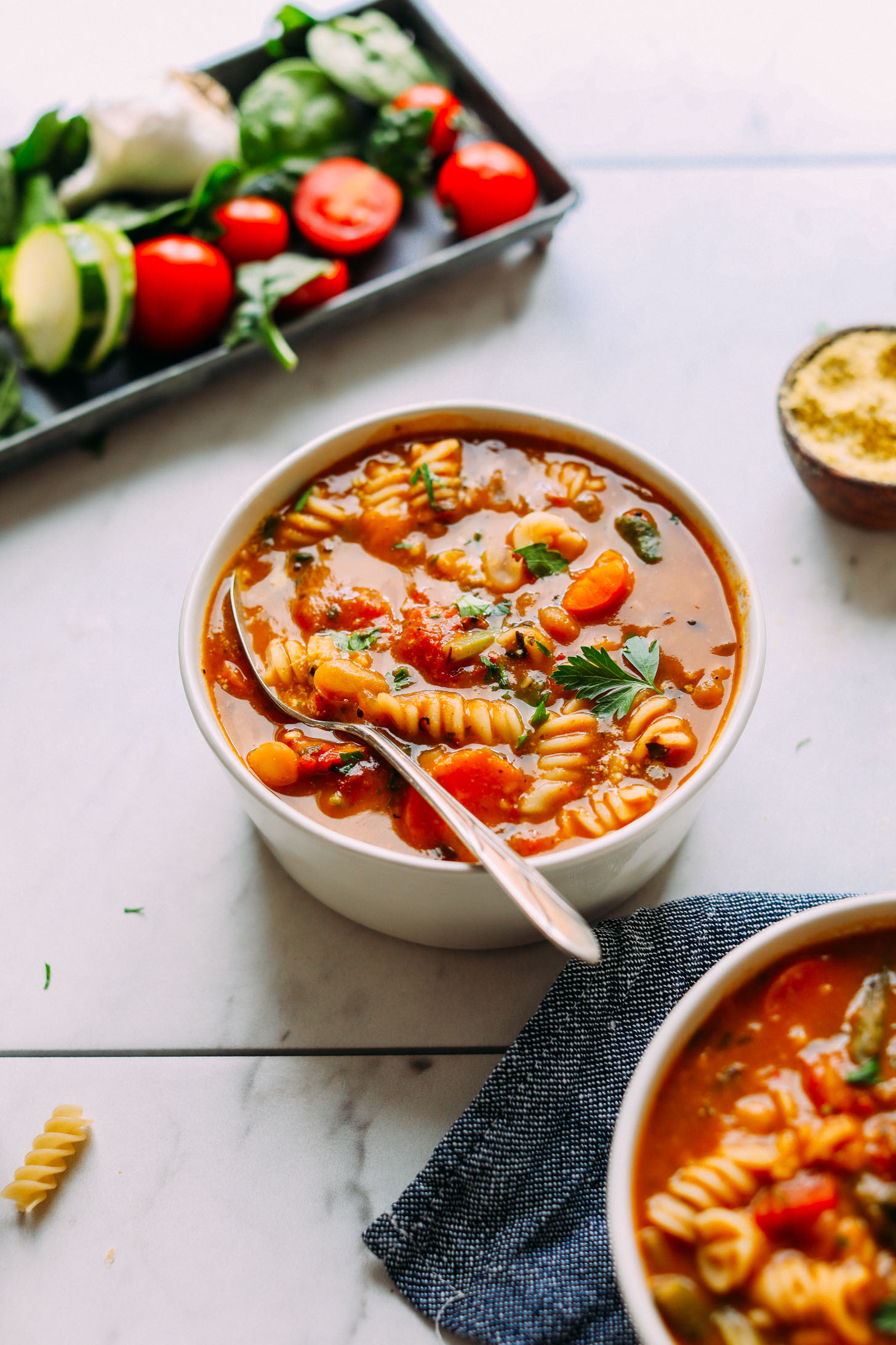 Close up shot showcasing the colorful vegetables in our 1-Pot Vegan Minestrone recipe