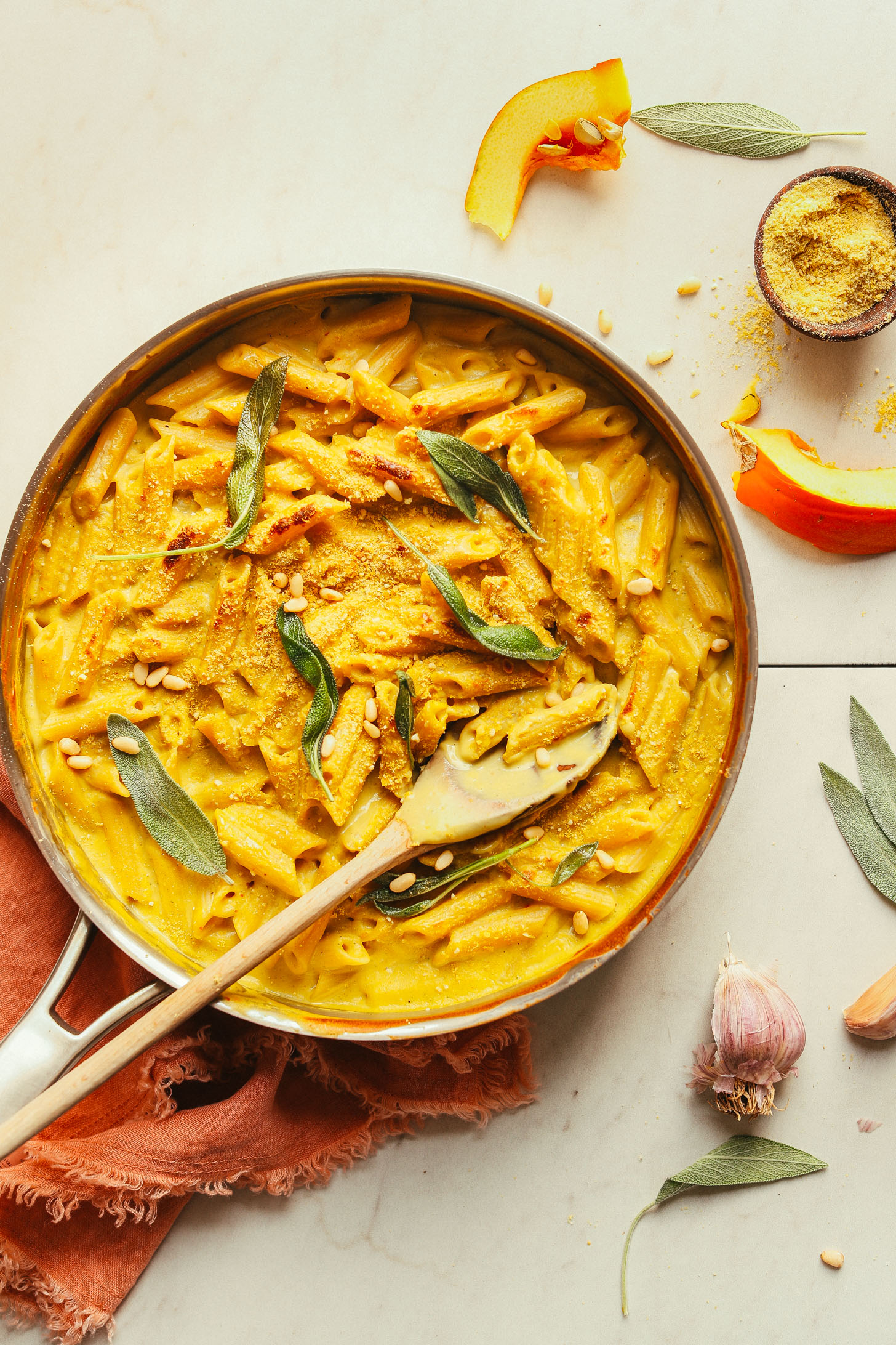 Large pan of gluten-free vegan Pumpkin Mac 'n' Cheese for a comforting plant-based meal