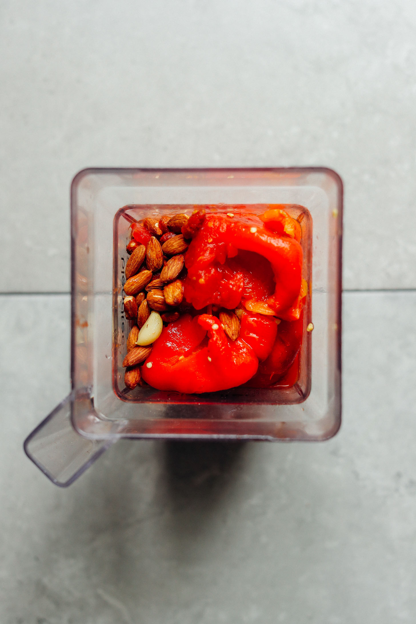 Ingredients for gluten-free vegan red pepper soup in the blender