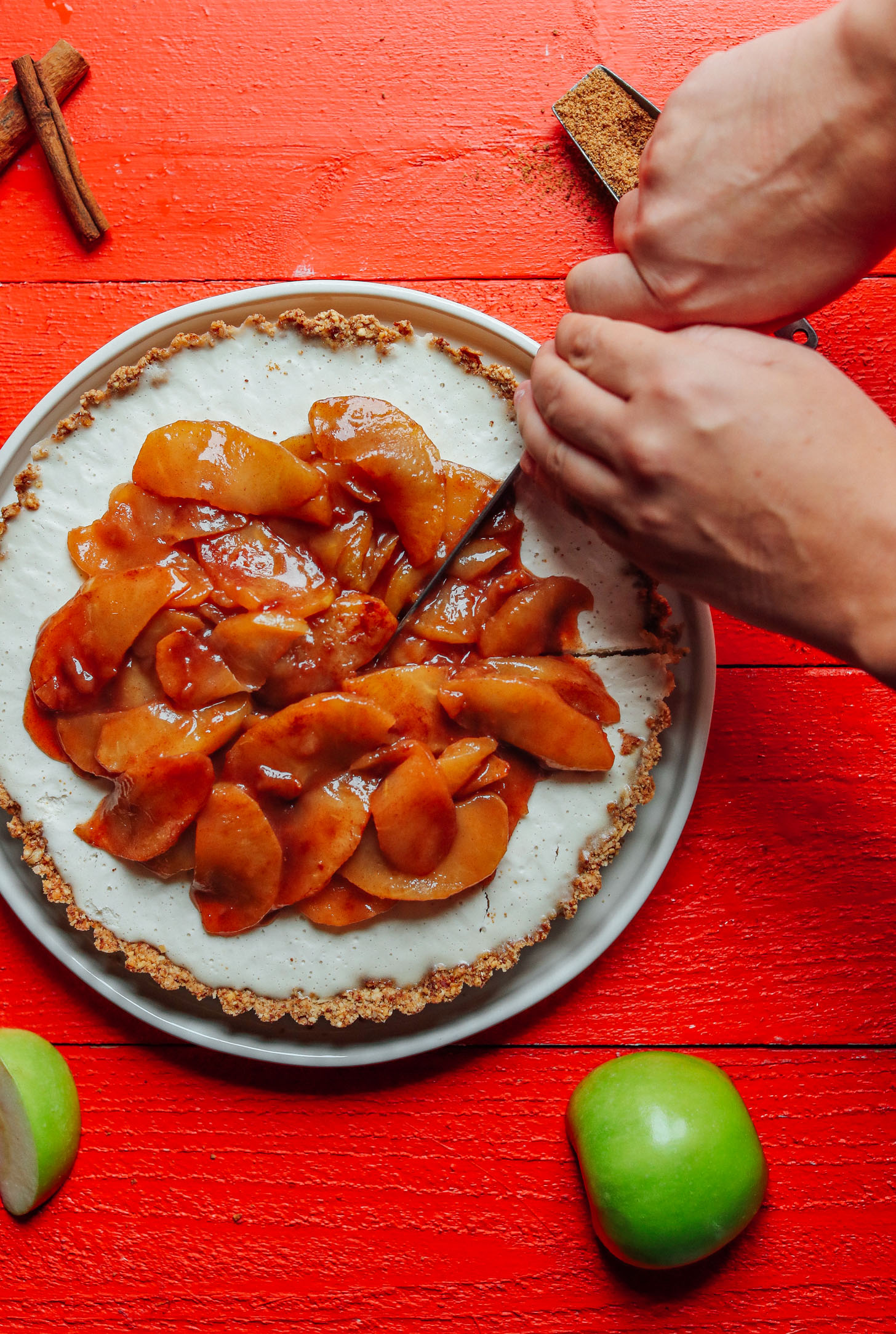 Slicing into our gluten-free vegan Caramel Apple Tart
