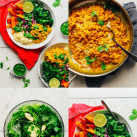 Photos of our nourishing curried lentil and sweet potato bowl including making the green chutney