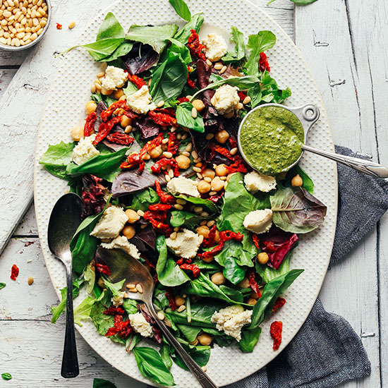 Platter of our Pesto Salad with Sun-Dried Tomatoes and Almond Ricotta
