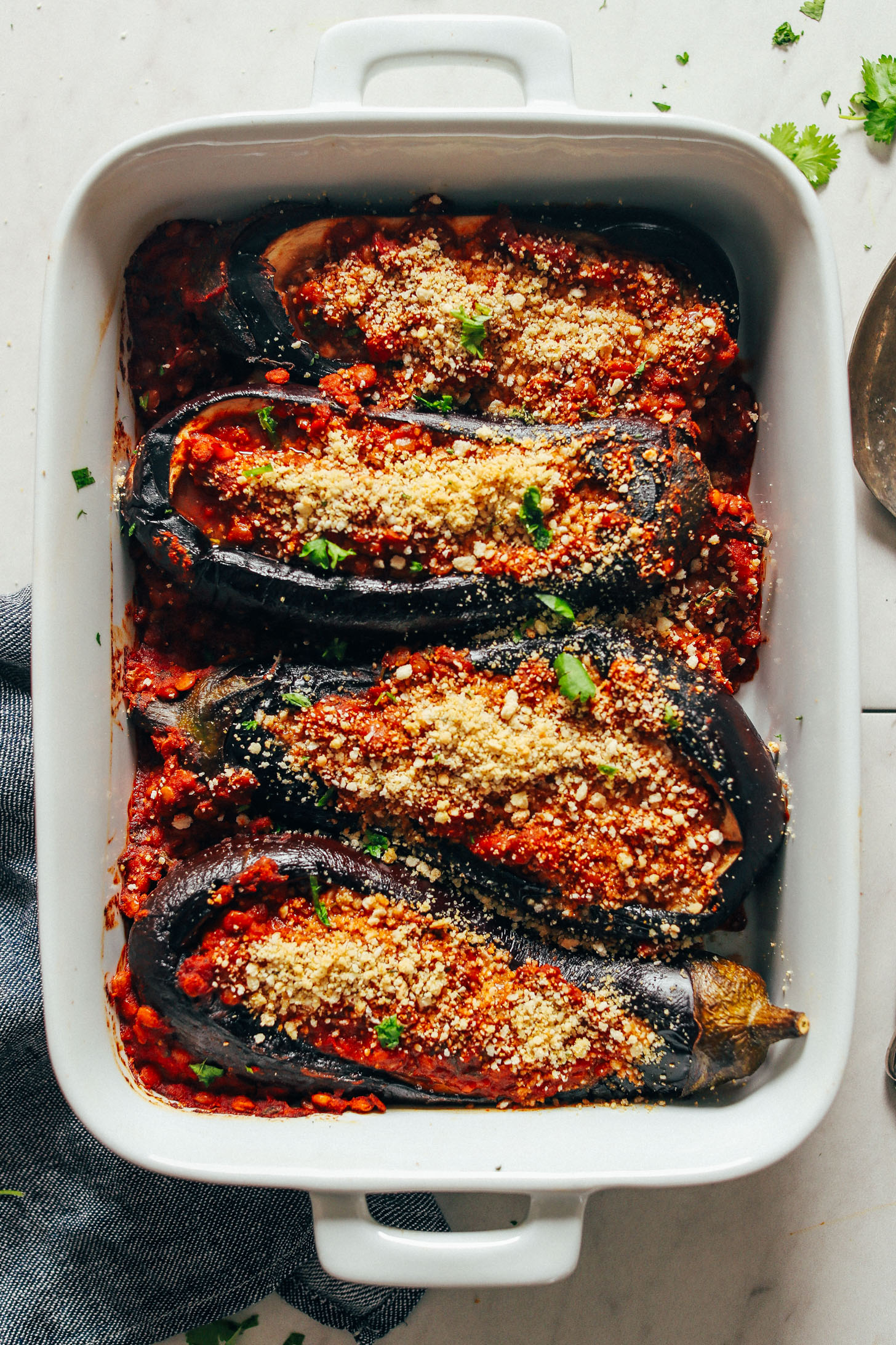 Freshly baked Moroccan Lentil-Stuffed Eggplant that's gluten-free and vegan