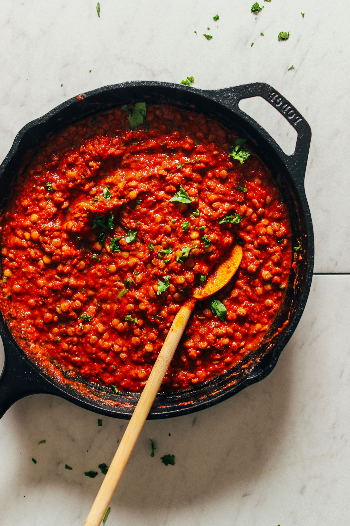 Cast iron skillet with Moroccan Lentils for making gluten-free vegan Stuffed Eggplant