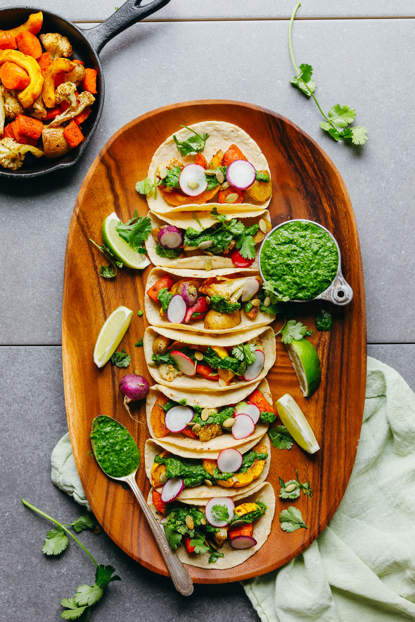Serving platter filled with our 30-Minute Roasted Vegetables Tacos with Chimichurri