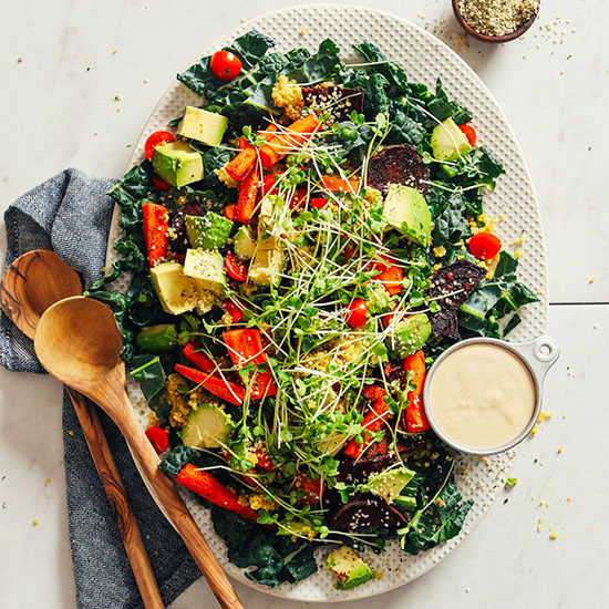 Platter filled with our healthy Loaded Kale Salad recipe
