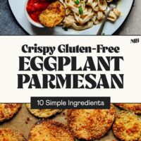 Crispy Gluten-Free Eggplant Parmesan on a baking sheet and on a plate with pasta and marinara