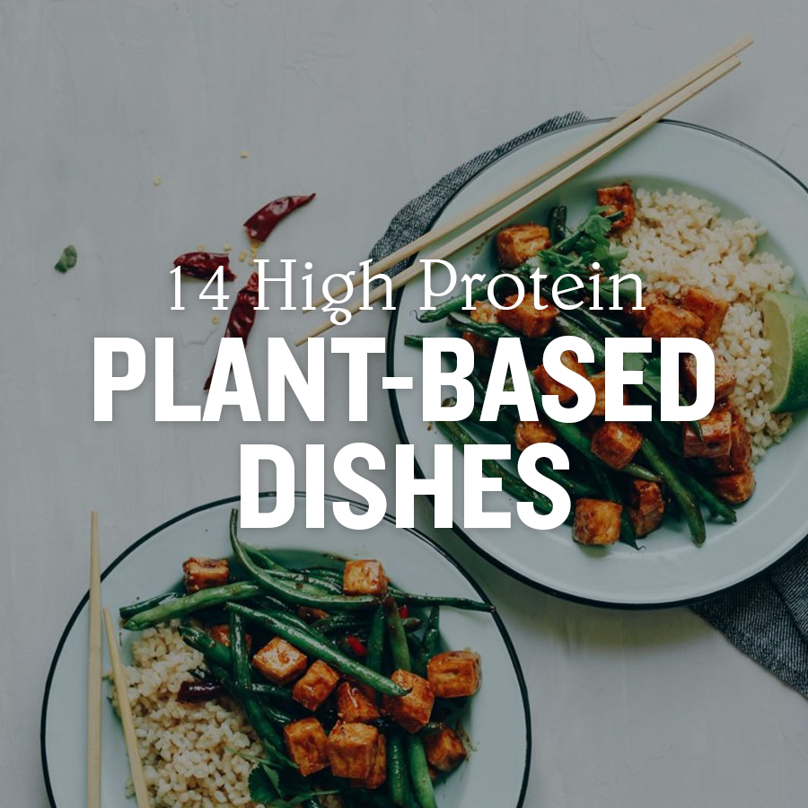 Chopsticks resting on bowls of Green Bean Tofu Stir Fry for our recipe roundup on High Protein Plant-Based Dishes