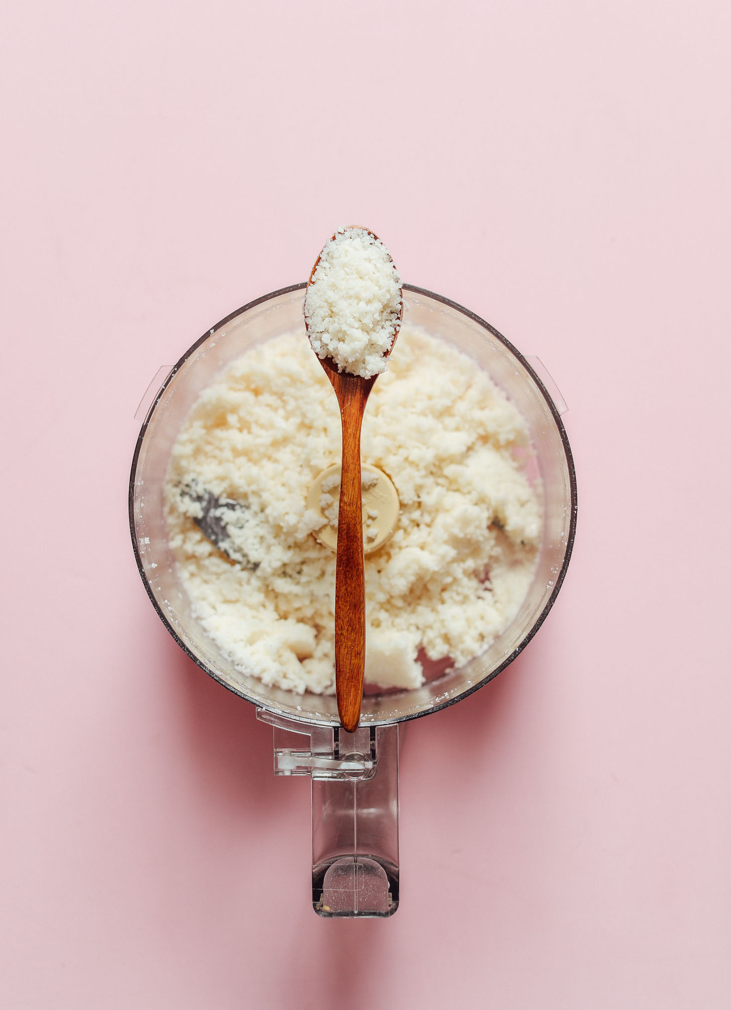 Spoonful of pulsed shredded coconut resting on a food processor