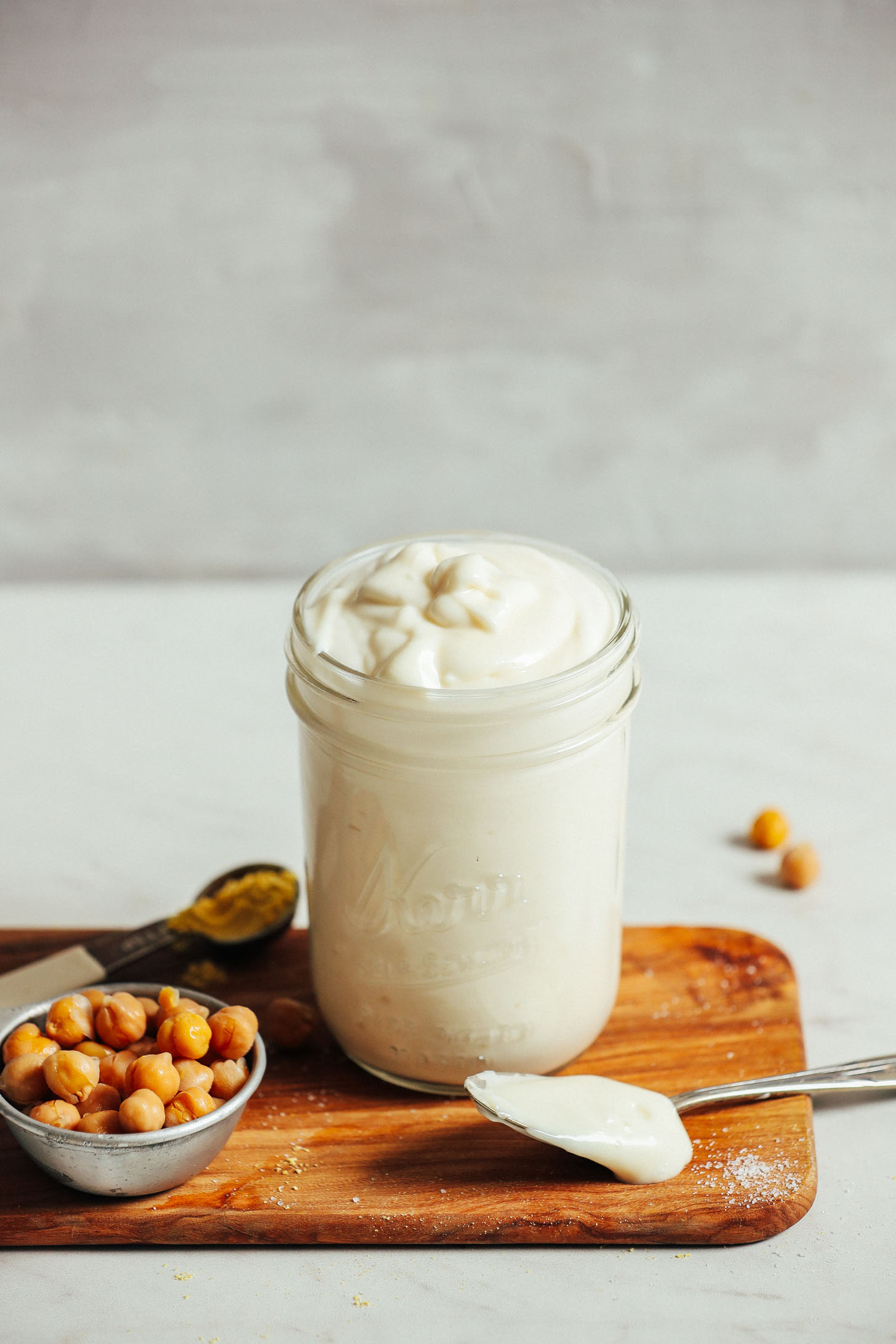 Jar of homemade mayonnaise made with aquafaba