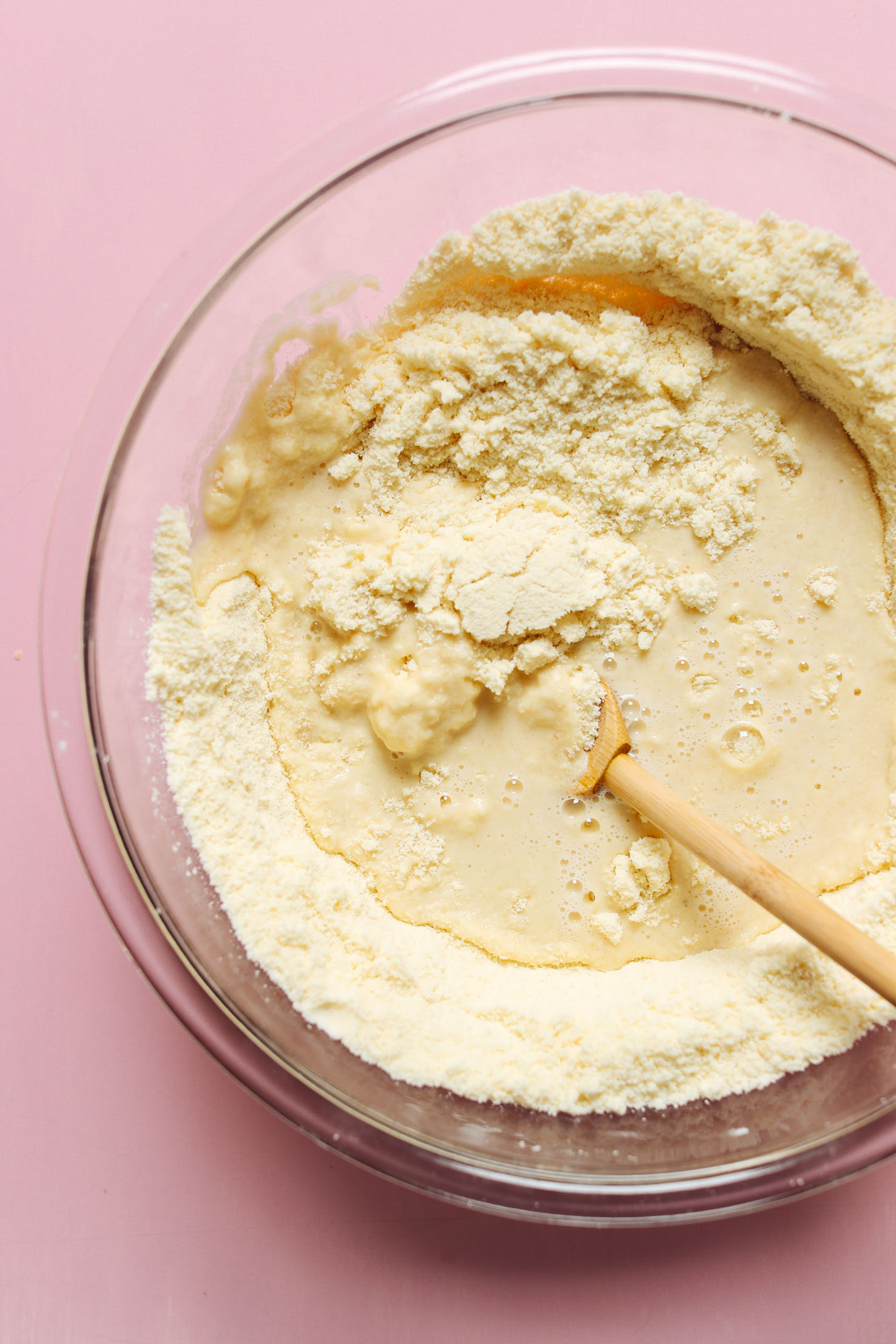 Mixing together the wet and dry ingredients for 1-Bowl Vegan Gluten-Free Vanilla Cake