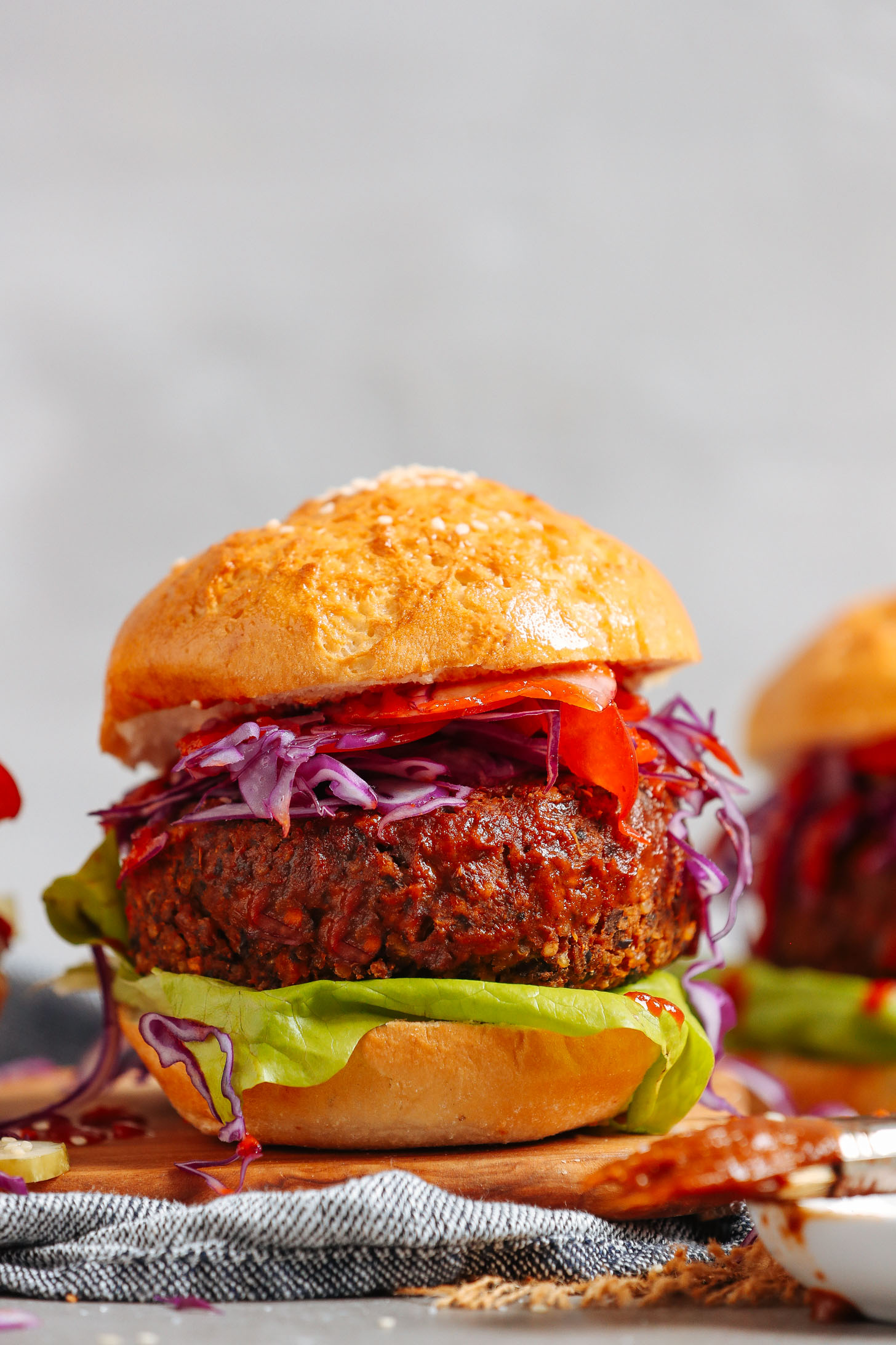 Close up shot of a BBQ Black Bean Burger for this plant-based meal