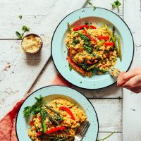 Two plates of Creamy Vegetable Risotto beside a small bowl of vegan parmesan cheese