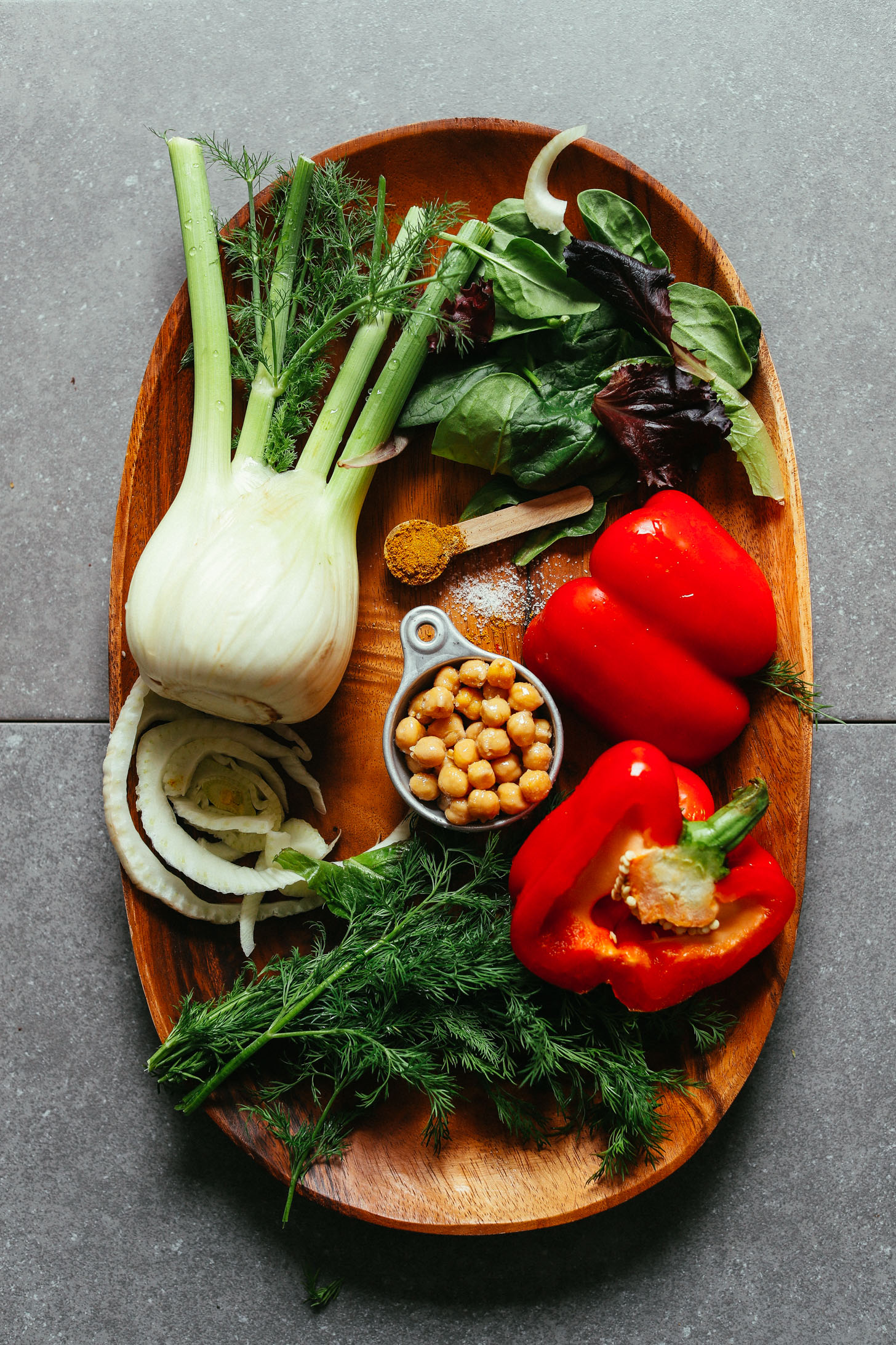 Platter of fresh ingredients for making Curry Roasted Fennel Salad