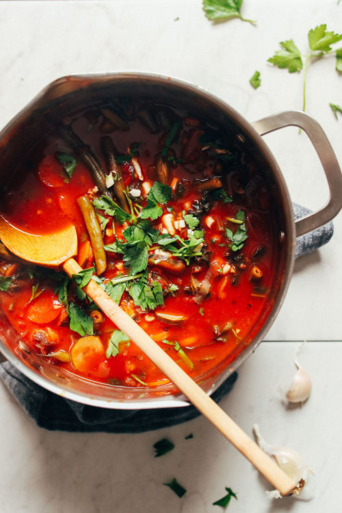 A big pot of healthy, gluten-free Fire Roasted Tomato Veggie Mung Bean Soup