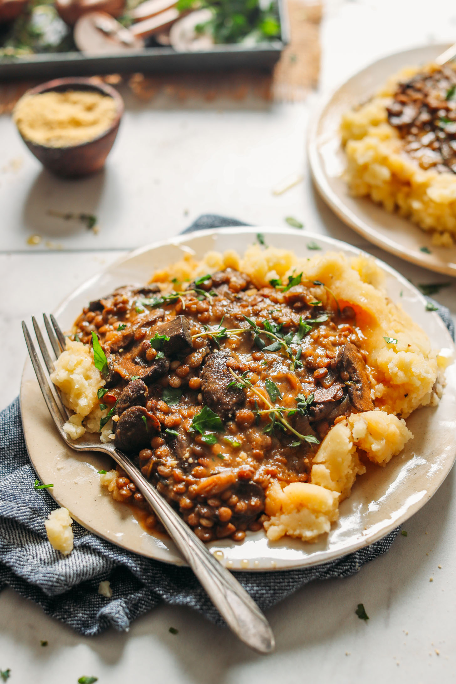 Close up photo of a plate of gluten-free and plant-based Lentil Mushroom Stew Over Mashed Potatoes