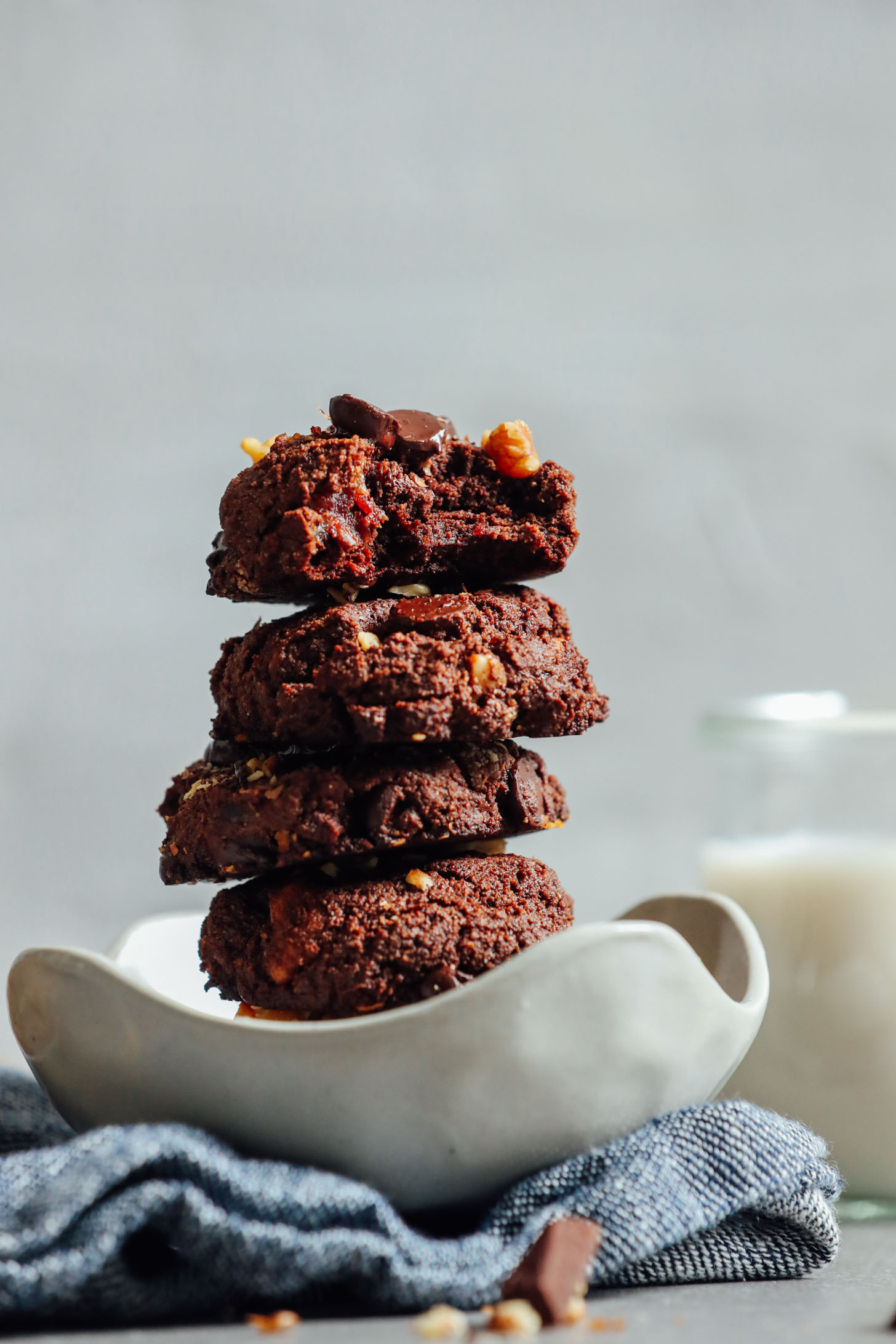 Close up shot of Vegan Brownie Cookies that are tender in the center and slightly crispy on the edges