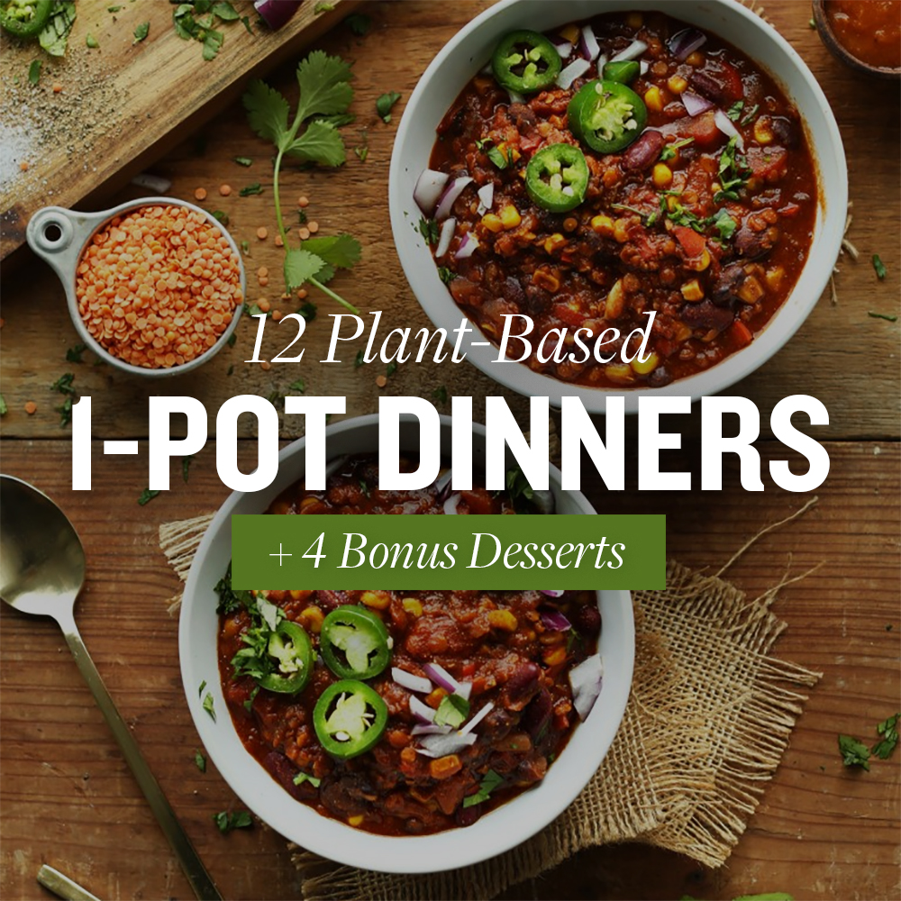 Bowls of lentil chili with text overlaid saying 12 Plant-Based 1-Pot Dinners