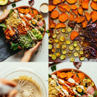 Photos of our abundant kale salad including a sheet pan of roasted vegetables and whisking a bowl of tahini sauce