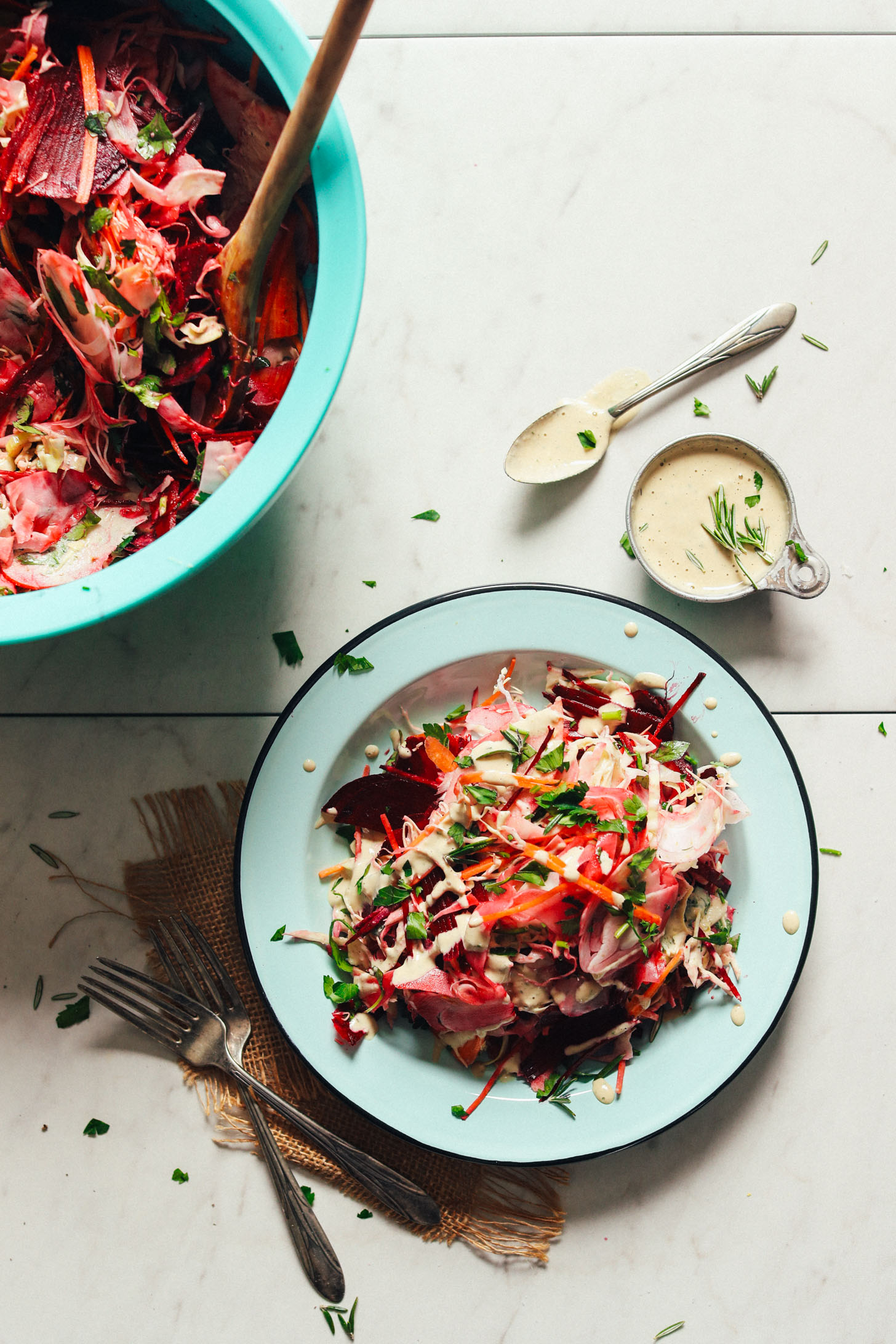 Plate of healthy Super Cleansing Slaw with Rosemary Tahini Dressing