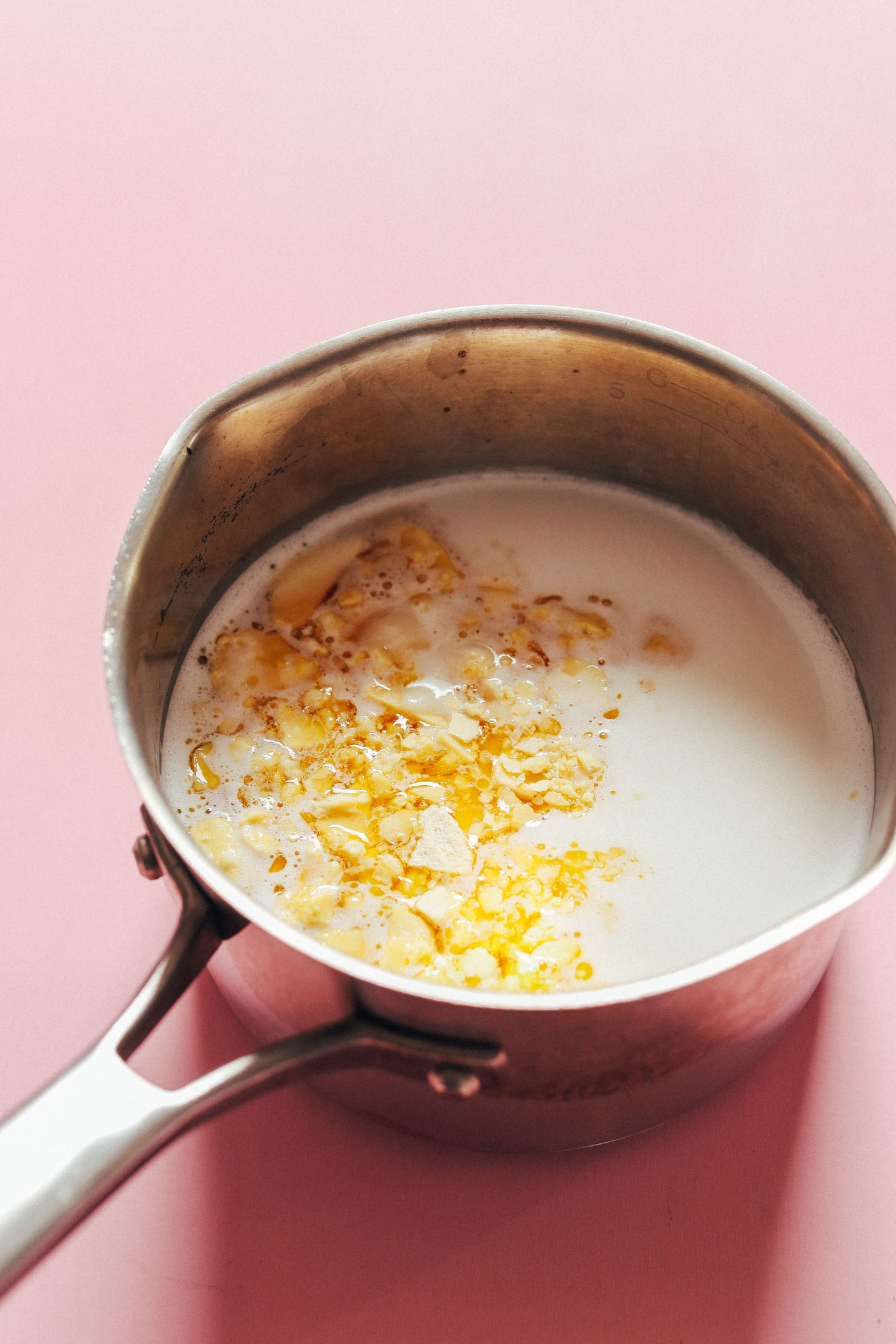 Saucepan with ingredients for making Vegan White Hot Chocolate