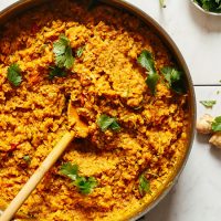 Pan of Cauliflower Rice Kitchari topped with fresh cilantro