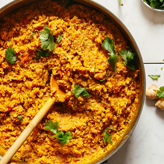 Pan of Cauliflower Rice Kitchari topped with fresh cilantro