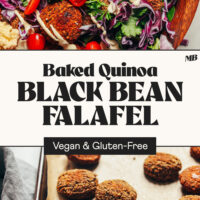 Photos of a baking sheet of Baked Quinoa Black Bean Falafel and the falafel served in a bowl with veggies and sauce and text in between the photos that says vegan and gluten-free