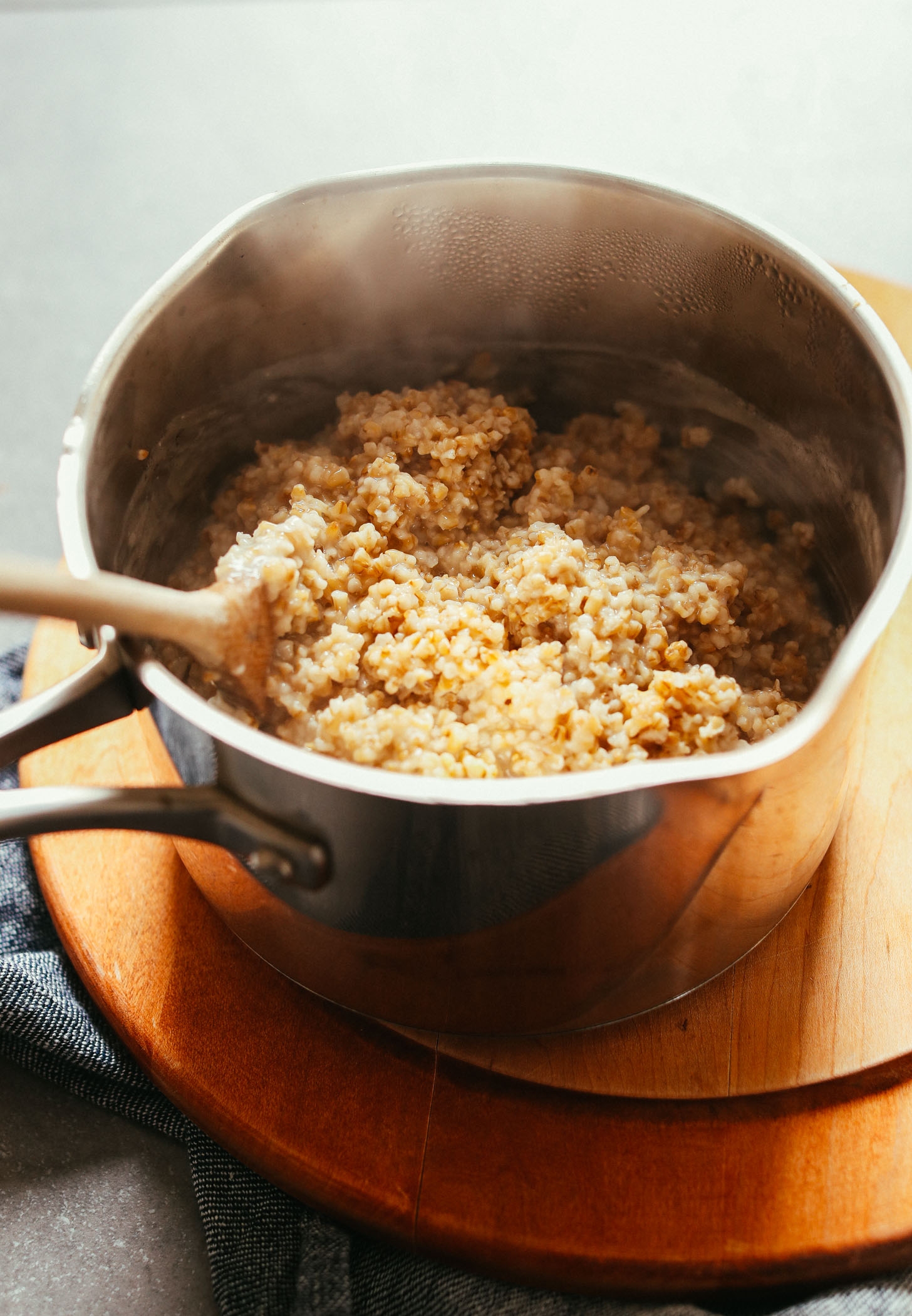 A saucepan filled with freshly cooked perfect steel cut oats