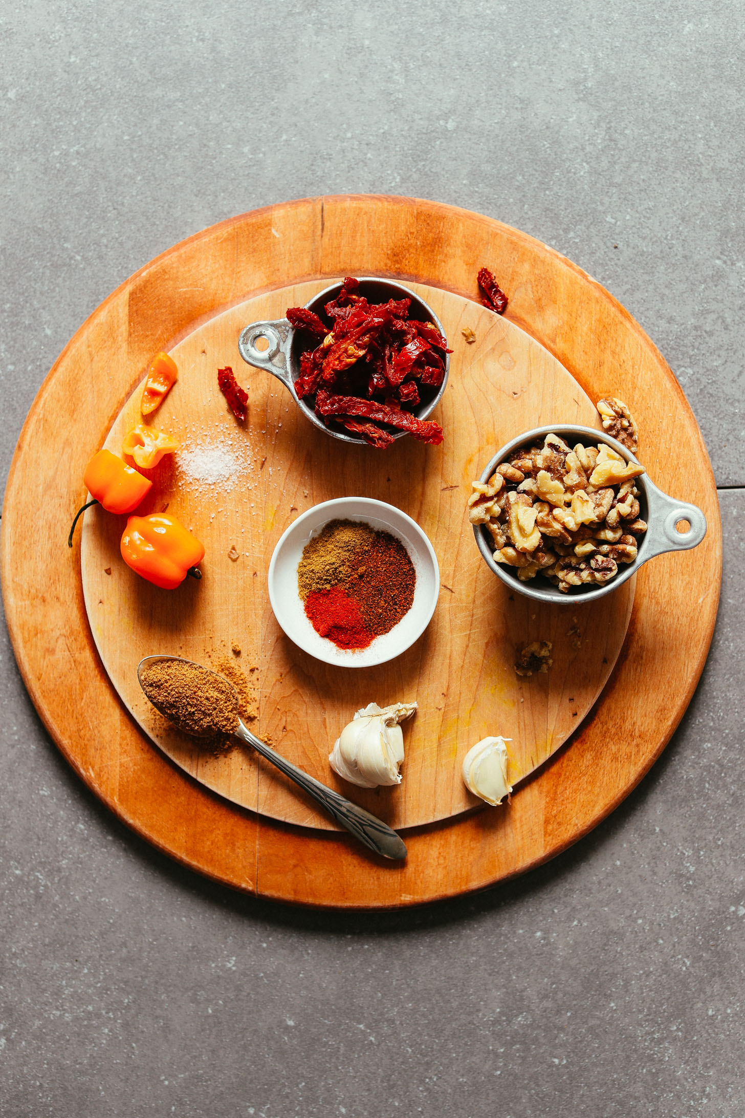 Wood cutting board with ingredients for making Vegan Taco "Meat"
