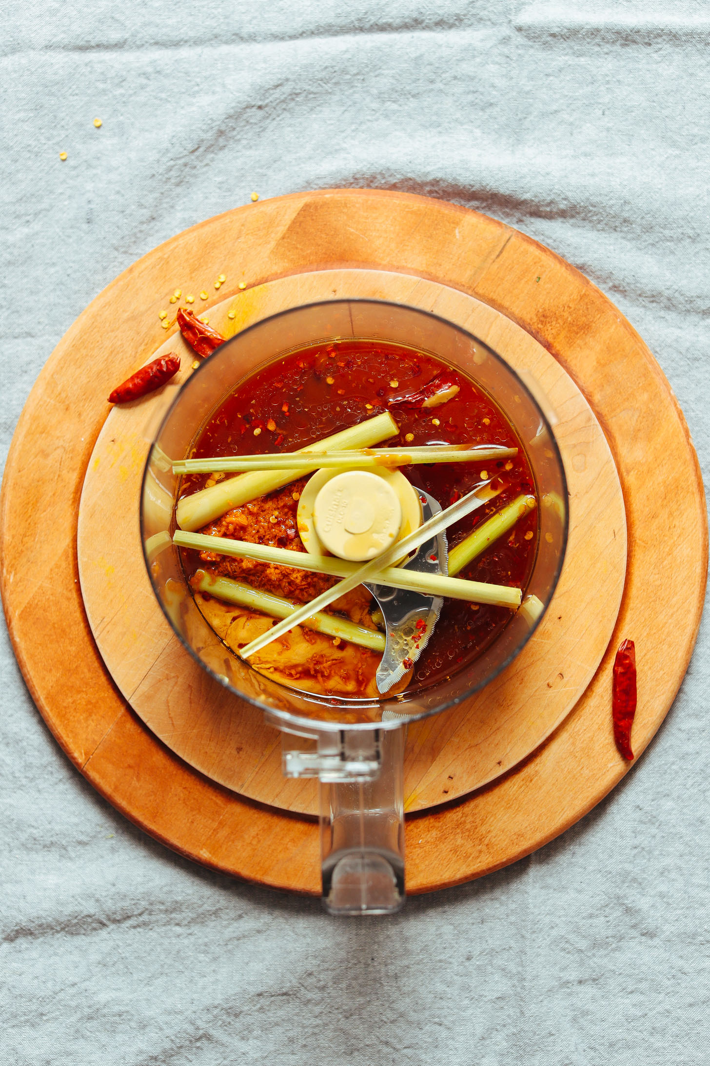 Food processor with ingredients for making the sauce for Lemongrass Tempeh Satay