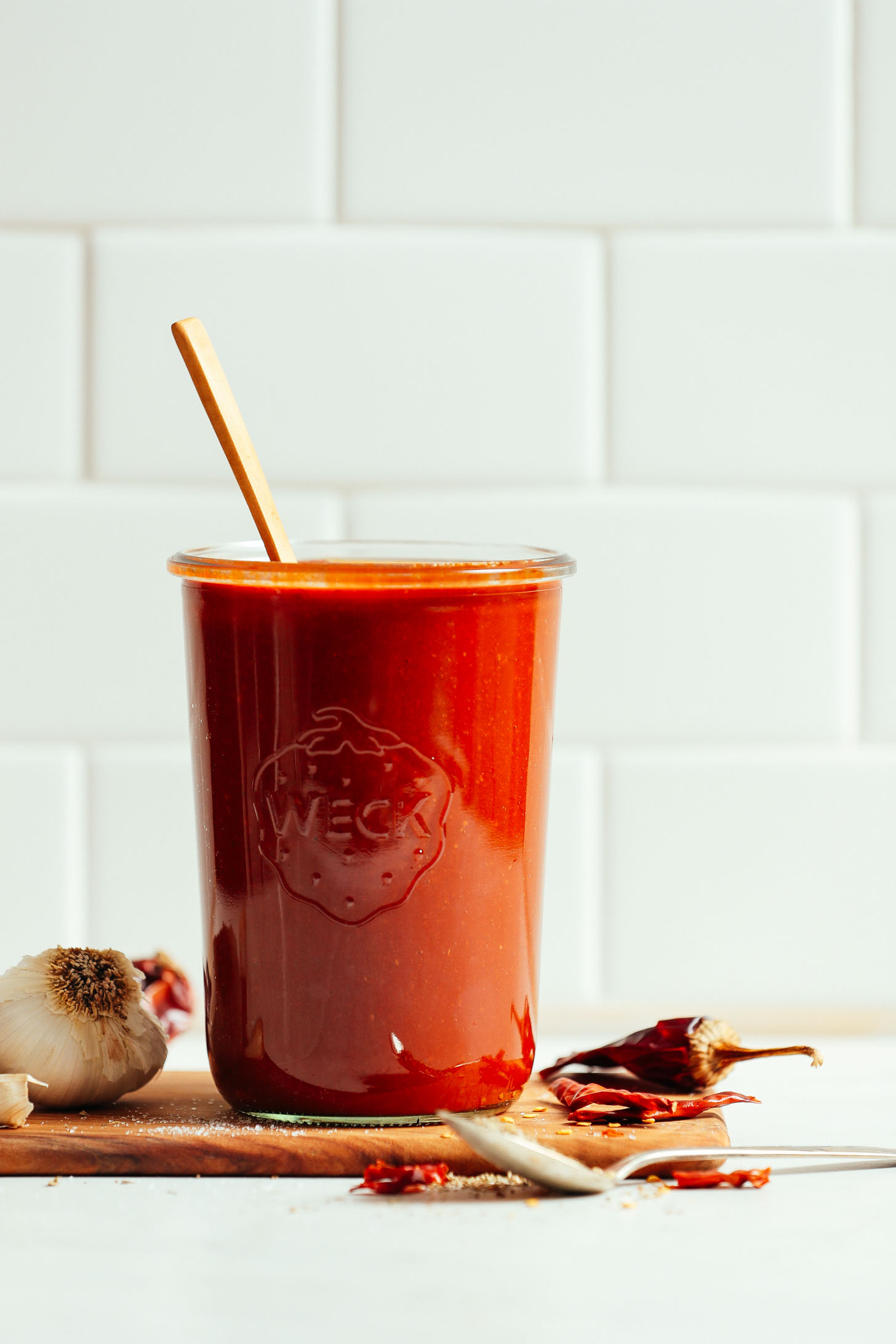 Big jar filled with our recipe for Spicy Red Enchilada Sauce