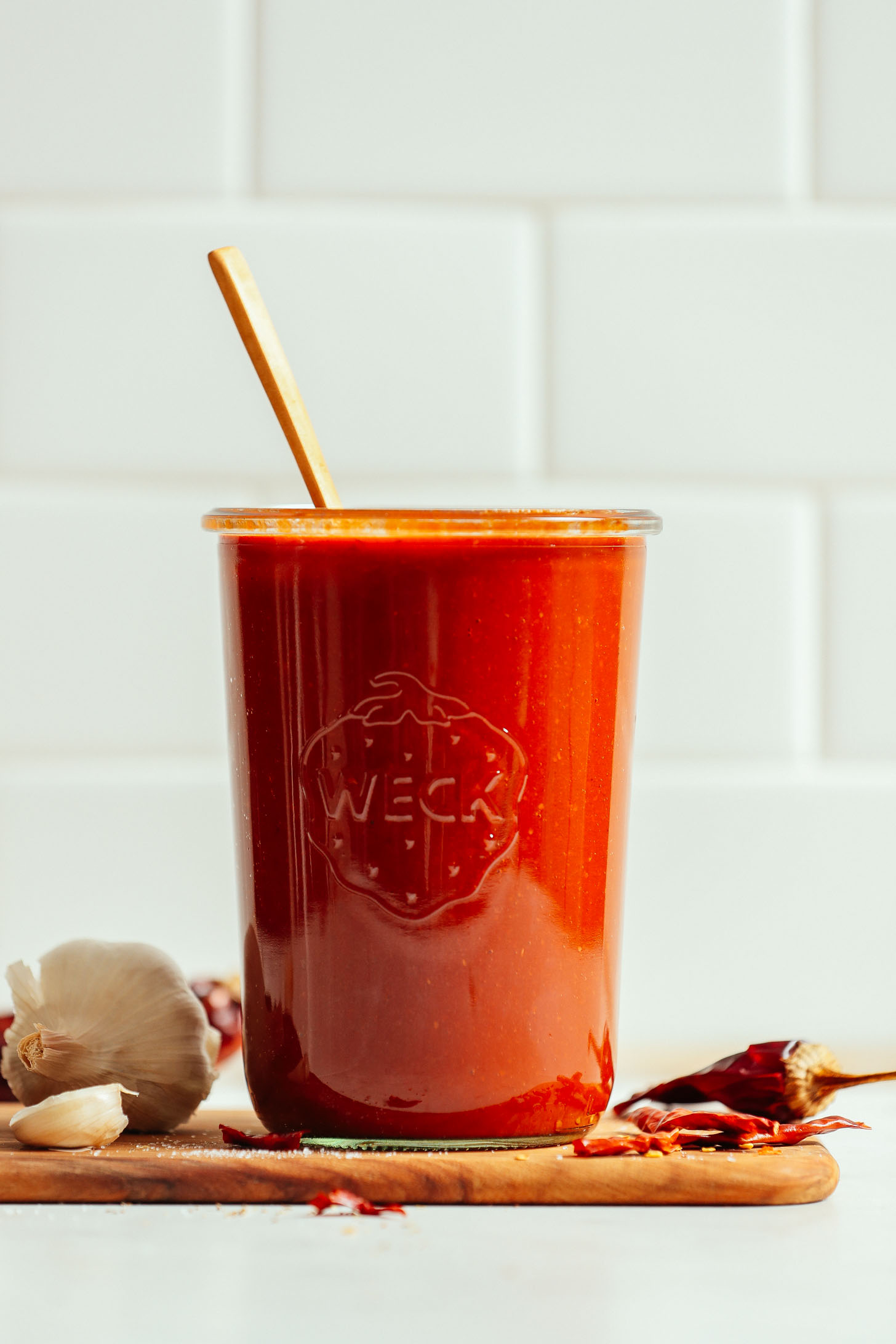 Jar of delicious homemade vegan red enchilada sauce