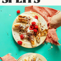 Two plates of our 5-Minute Raw Banana Splits with text above that says quick and delicious snack