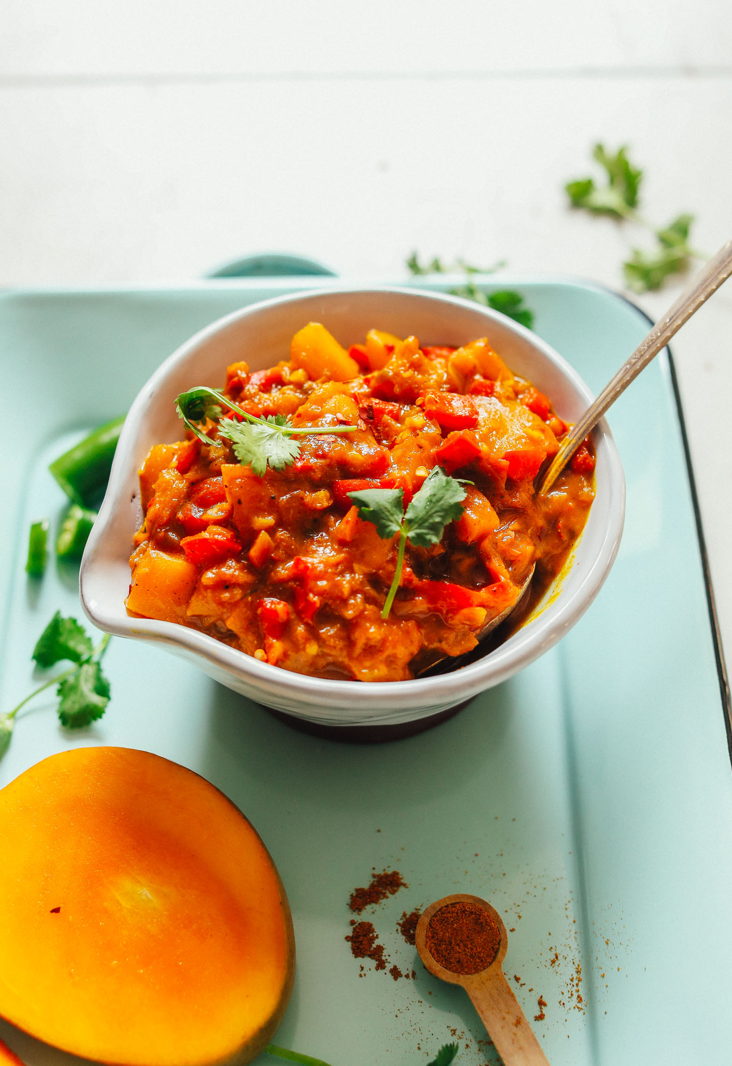 Close up shot of a bowl of our homemade Spicy Mango Chutney recipe