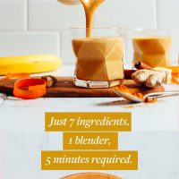 Pouring glasses of our Vegan Golden Milk Smoothie and a photo with a cutting board of ingredients used to make the smoothie