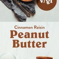 Slices of toasted topped with Cinnamon Raisin Peanut Butter and raisins