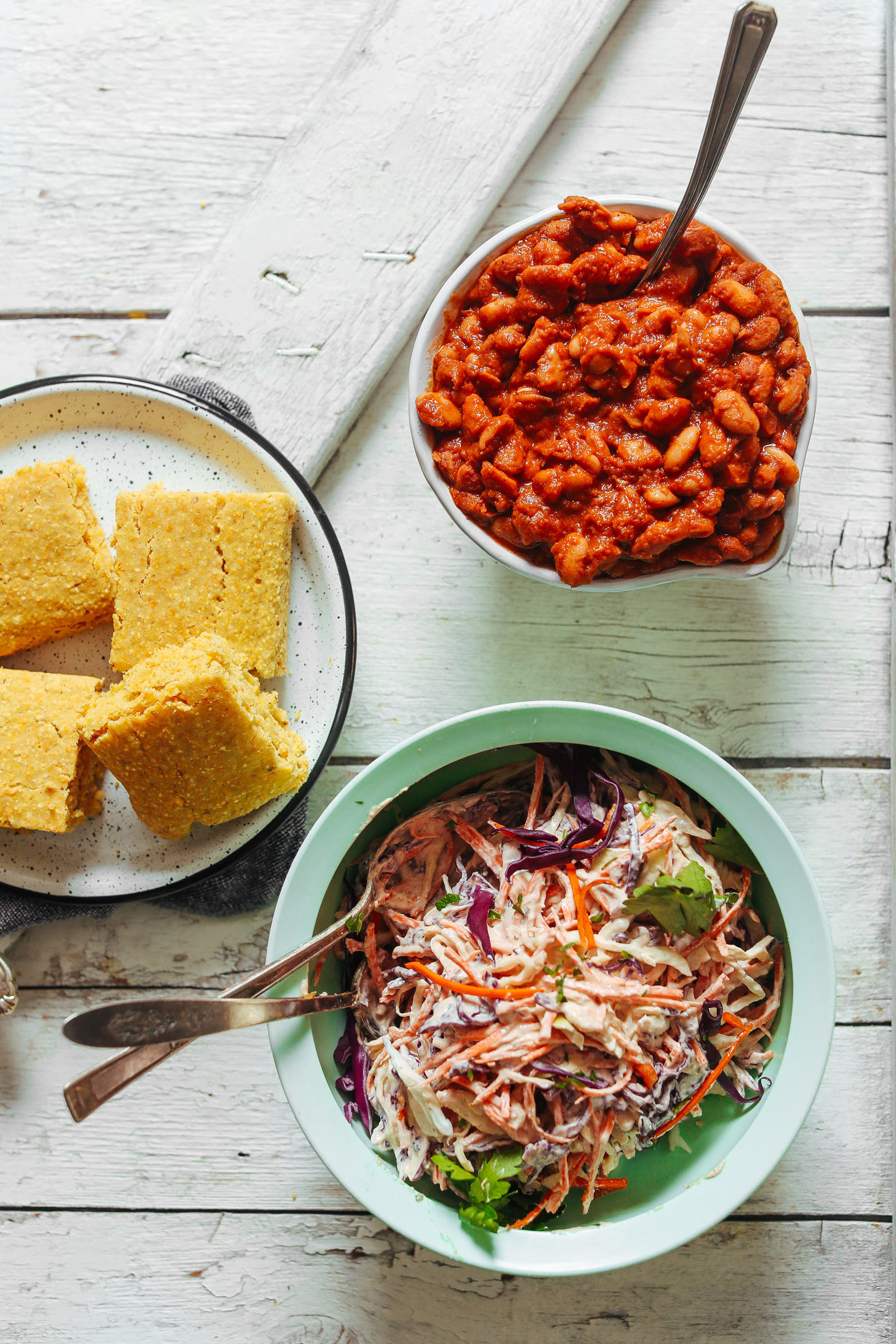 Baked Beans, Cornbread, and Coleslaw for making delicious vegan BBQ Bowls
